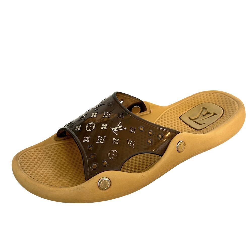 Louis Vuitton Pool Slides EU 40 Brown Monogram Rubber Italy Unisex Authentic